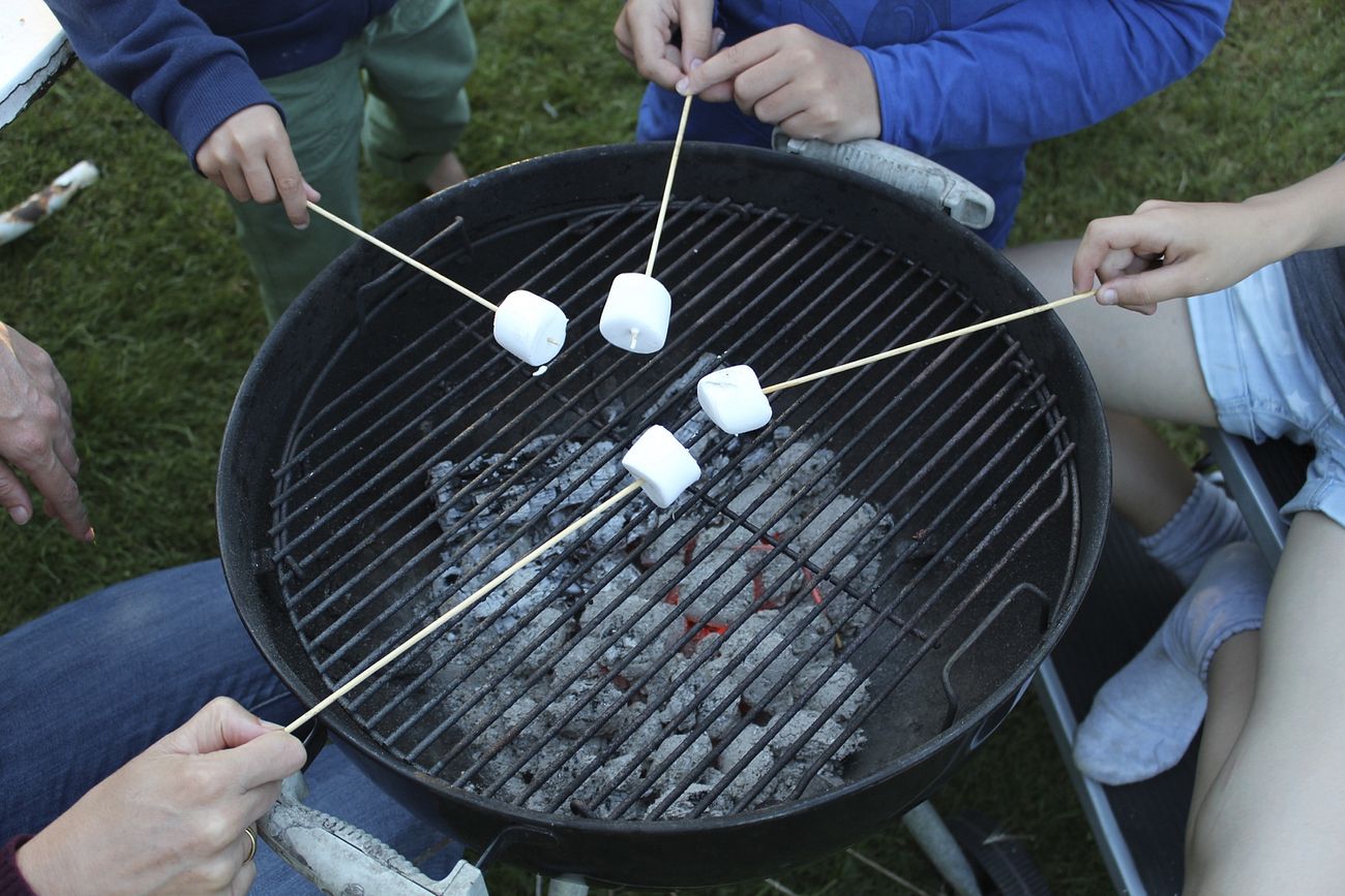 Grilling marshmallows over charcoal